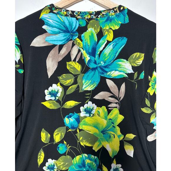 Susan Graver Liquid Knit Split Neck Tunic Floral Teal Blue Green 3/4 Sleeve Sz L - Picture 8 of 11